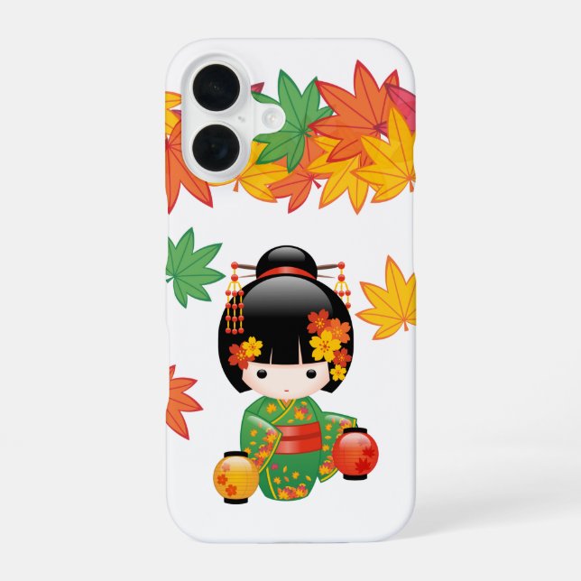 Fall Green Kimono Kokeshi Doll Maple Leaves iPhone 16 Case (Back)