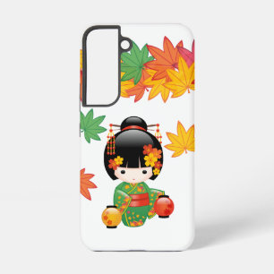 Fall Green Kimono Kokeshi Doll Maple Leaves Samsung Galaxy Case