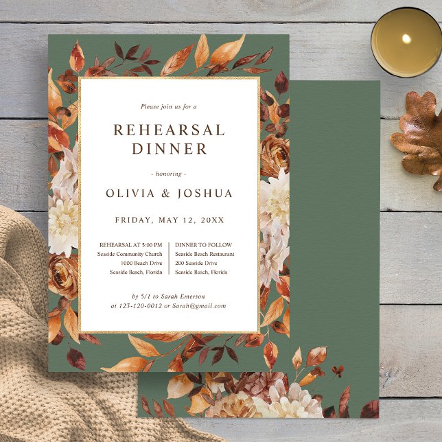 Fall Green Wedding Rehearsal Dinner Invitation (Elegant Fall Sage Green Floral Wedding Rehearsal Dinner Invitation by Painted Paperie
)