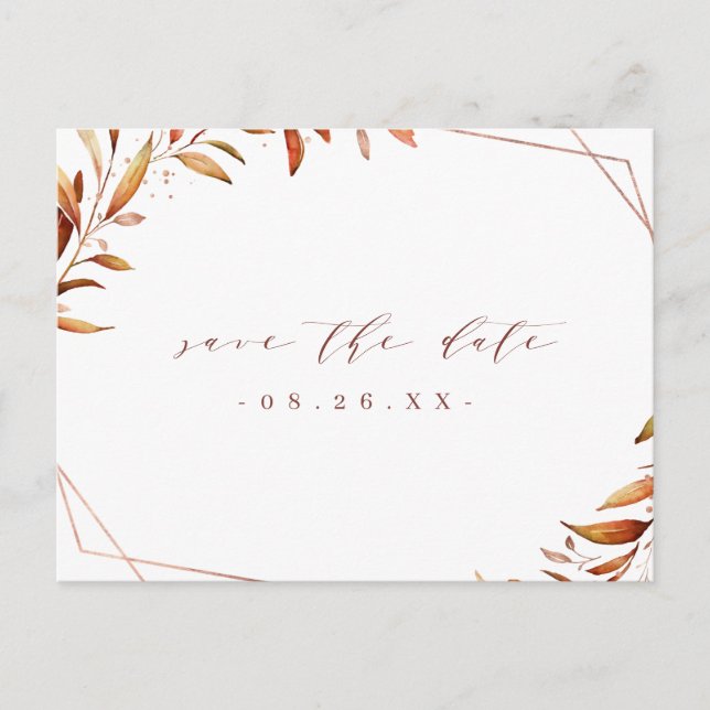 Fall Greenery Geometric Rustic Save The Date Announcement Postcard (Front)