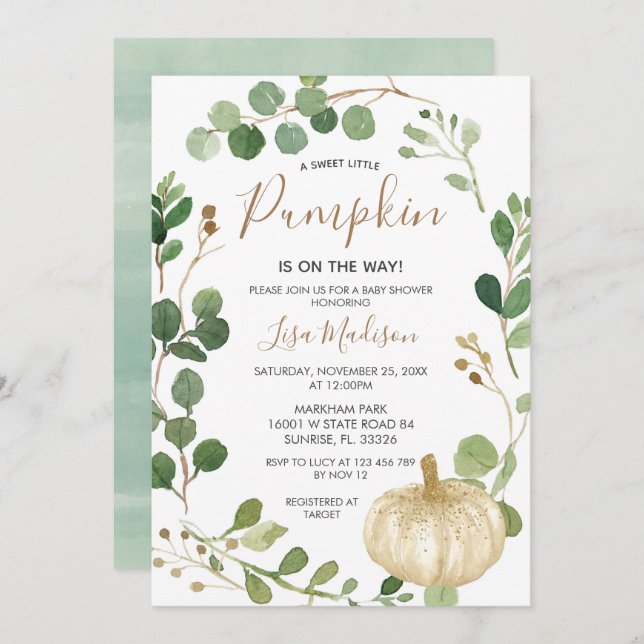 Fall Greenery Pumpkin  is on the Way Baby Shower  Invitation (Front/Back)