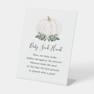Fall Greenery White Pumpkin Baby Sock Hunt Game Pedestal Sign