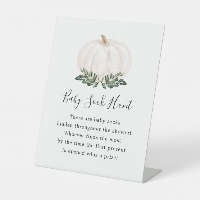 Fall Greenery White Pumpkin Baby Sock Hunt Game Pedestal Sign (Front)