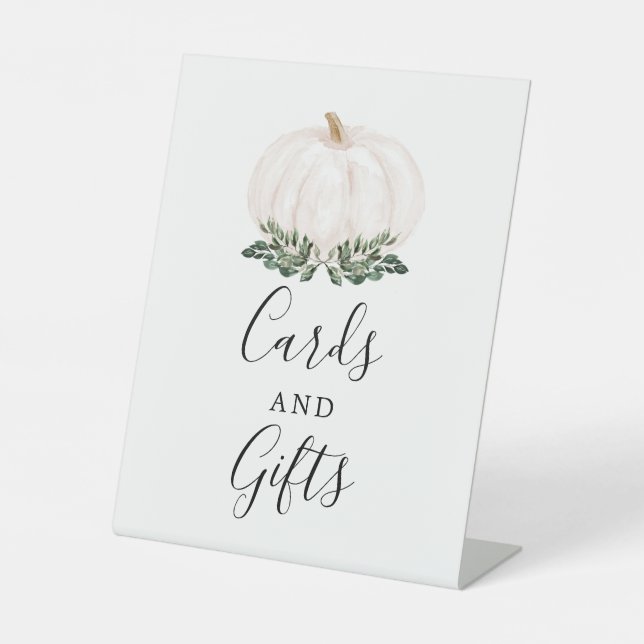Fall Greenery White Pumpkin Cards and Gifts Pedestal Sign (Front)