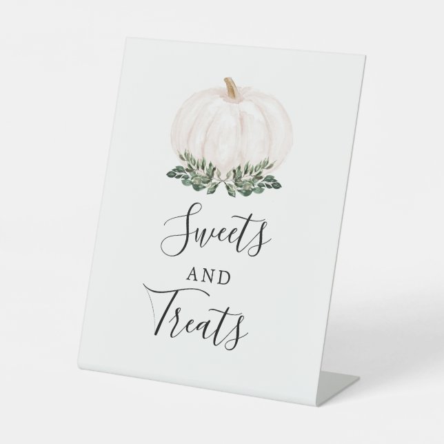 Fall Greenery White Pumpkin Sweets and Treats Pedestal Sign (Front)