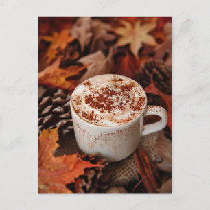 fall greeting card hot chocolate and leaves
