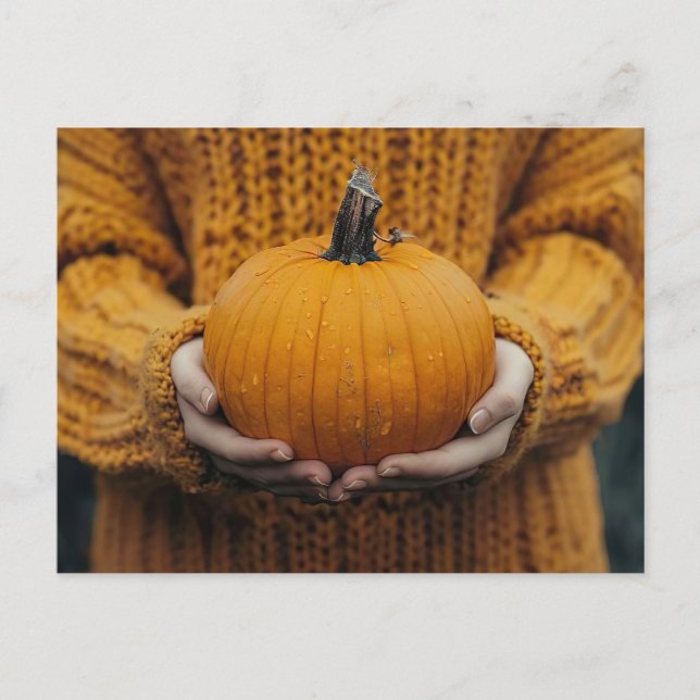 fall greeting card with woman holding a pumpkin (Front)