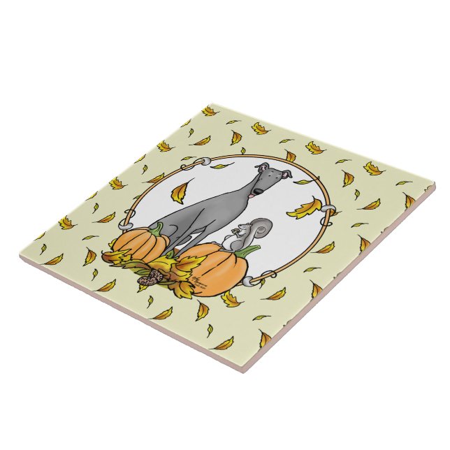 Fall Greyhound (grey) Dog Pumpkins Leaves Funny Tile (Side)