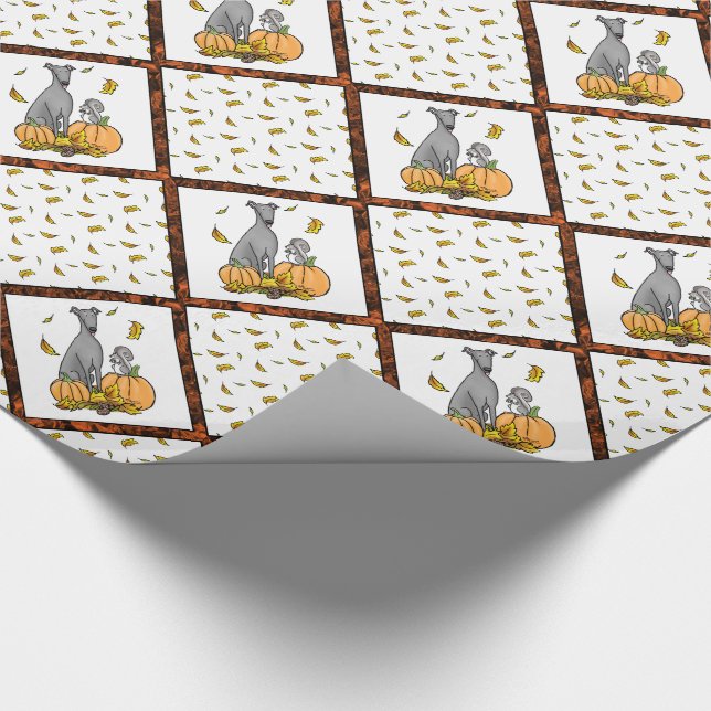 Fall Greyhound (grey) Dog Pumpkins Leaves Funny Wrapping Paper (Corner)