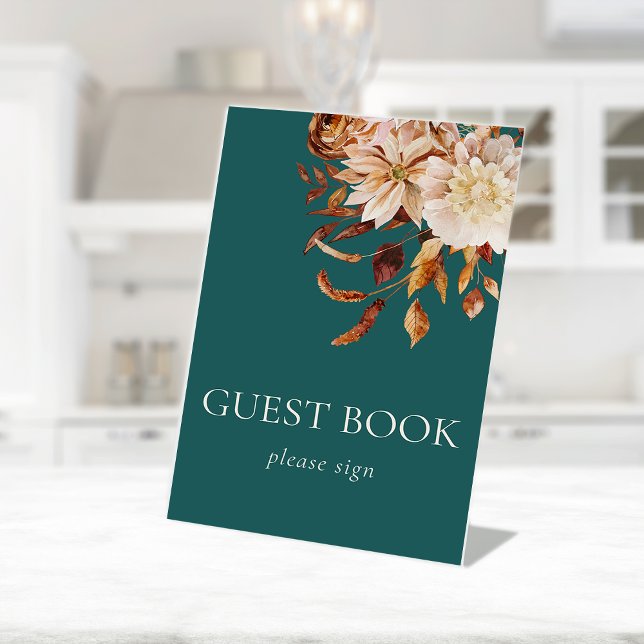 Fall Guest Book Pedestal Sign (Fall Watercolor Floral Teal Table Top Guest Book Pedestal Sign by Painted Paperie
)