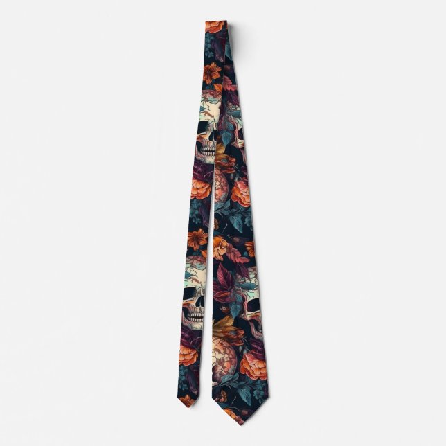 Fall Halloween Botanical Skulls & Flowers Neck Tie (Back)