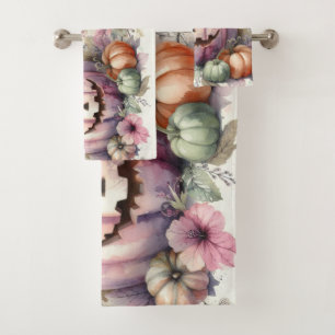 Fall Halloween pumpkins watercolor painting Bath Towel Set