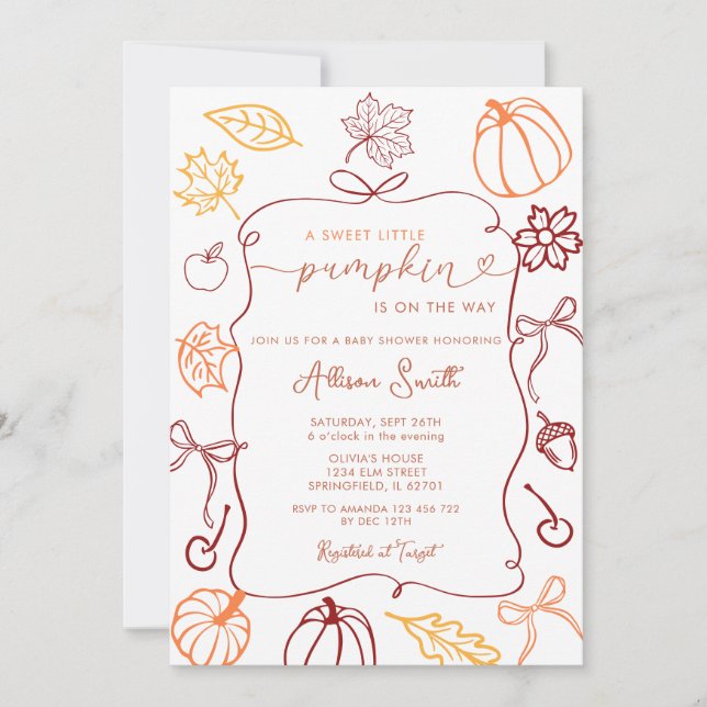 Fall Hand Drawn A Little Pumpkin Baby Shower  Invitation (Front)