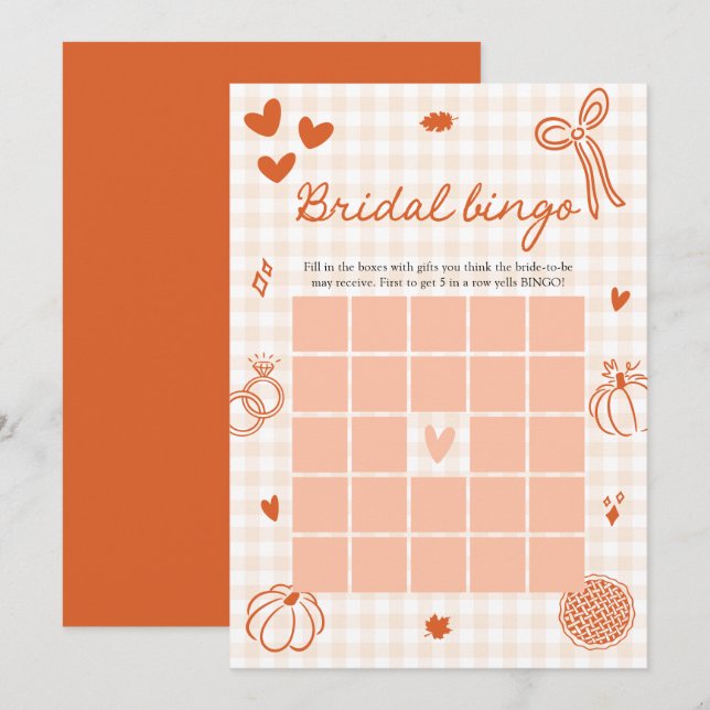 Fall Hand Drawn Orange Gingham Bridal Bingo Game Invitation (Front/Back)