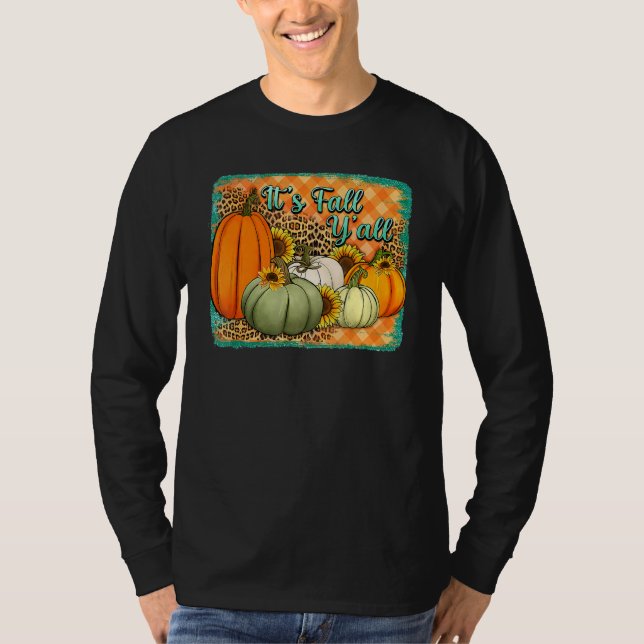 Fall Happy Fall Yu2019all Leopard Pumpkin Autumn I T-Shirt (Front)
