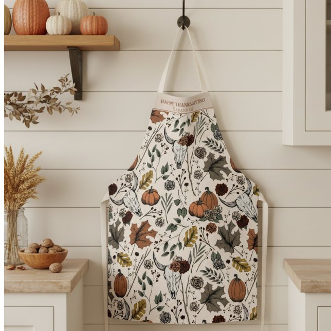 Fall Harvest and Horns Thanksgiving Cream Apron (Give Thanks with this Cow Skull Fall Harvest Thanksgiving Dinner Party Autumn Colors Apron for Chef)