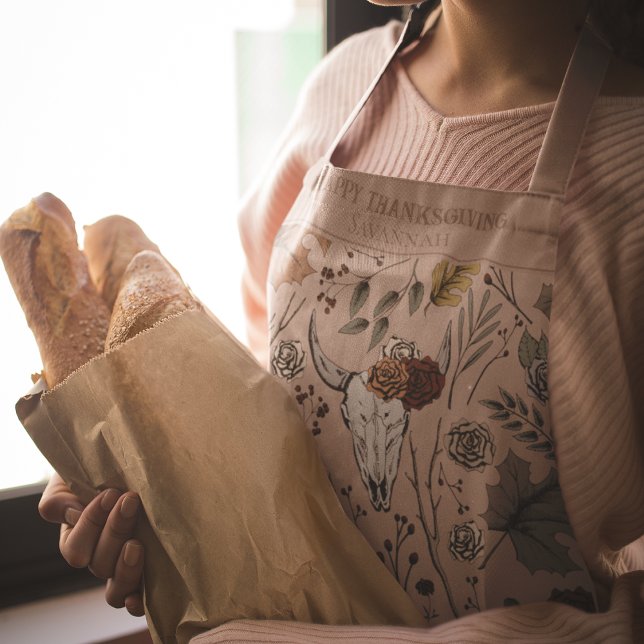 Fall Harvest and Horns Thanksgiving Rose Apron (Personalized Fall Harvest Pattern with Cow Skulls, Roses, Autumn Leaves & Berries in Vintage Rose.)