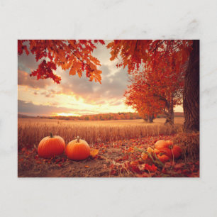 Fall Harvest Autumn Nature Scene Pumpkins Leaves Postcard
