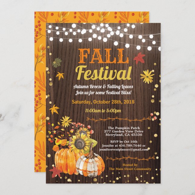 Fall harvest festival rustic wood pumpkin patch invitation (Front/Back)
