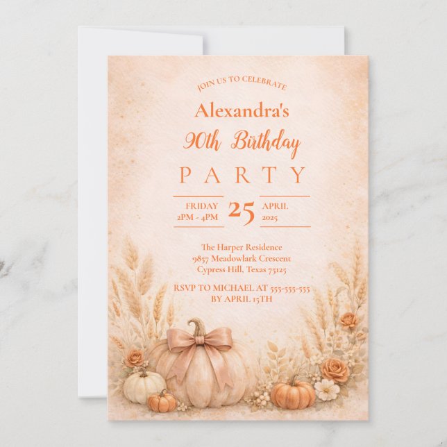 Fall Harvest Floral 90th Birthday Invitation (Front)