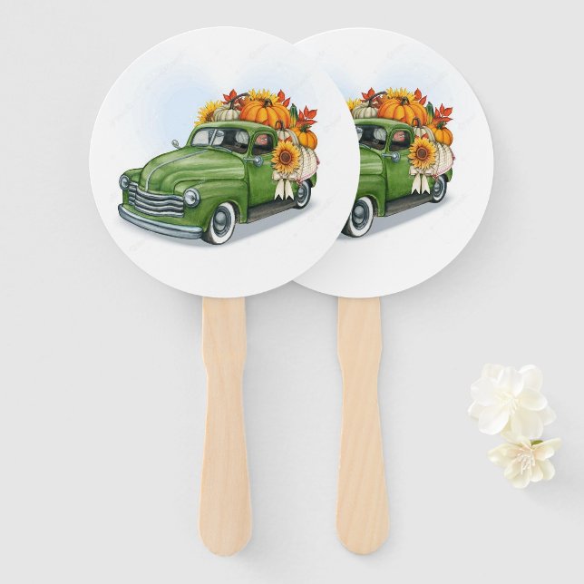 Fall Harvest in a Green Truck     Hand Fan (Front and Back)