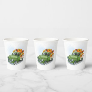 Fall Harvest in a Green Truck    Paper Cups