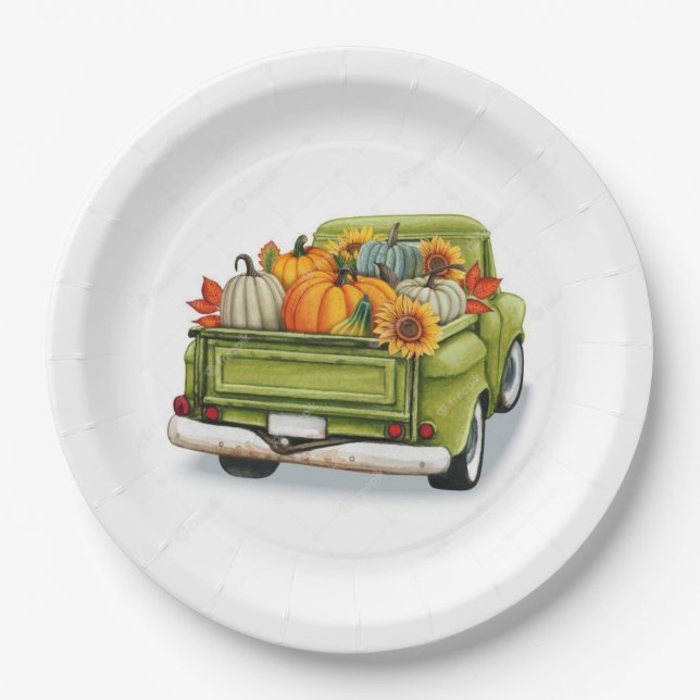 Fall Harvest In a Green Truck  Paper Plates (Front)