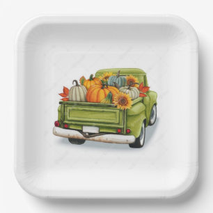 Fall Harvest In a Green Truck Paper Plates