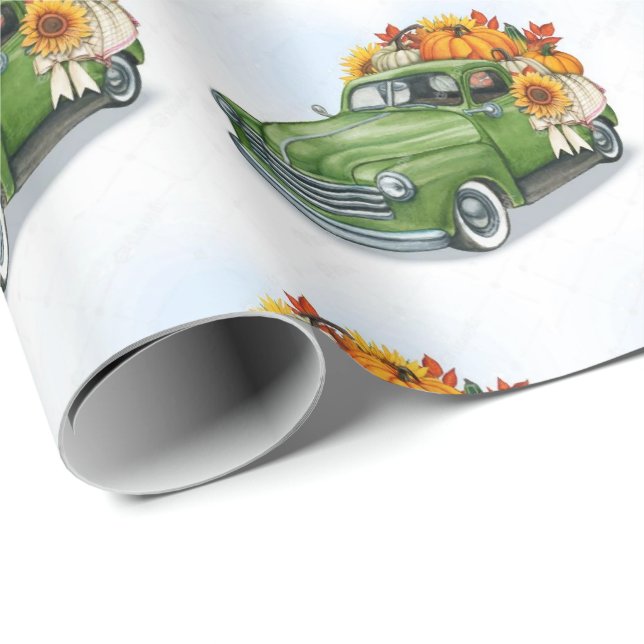Fall Harvest in a Green Truck  Wrapping Paper (Roll Corner)