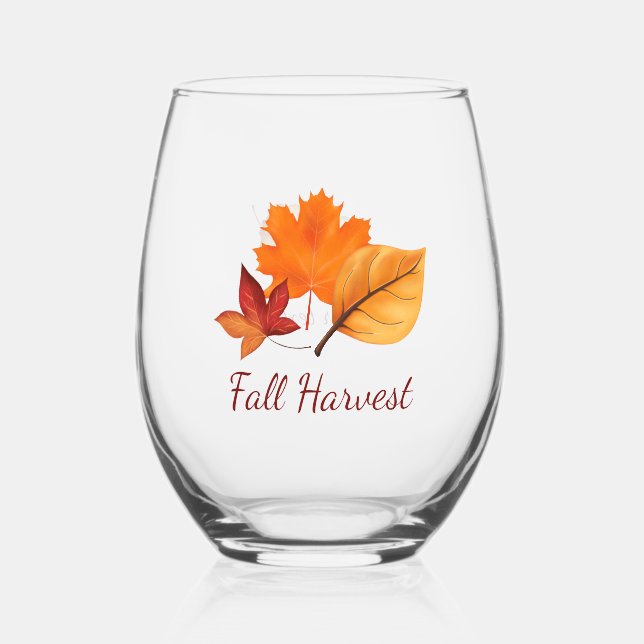 Fall Harvest Leaves Stemless Wine Glass (Front)