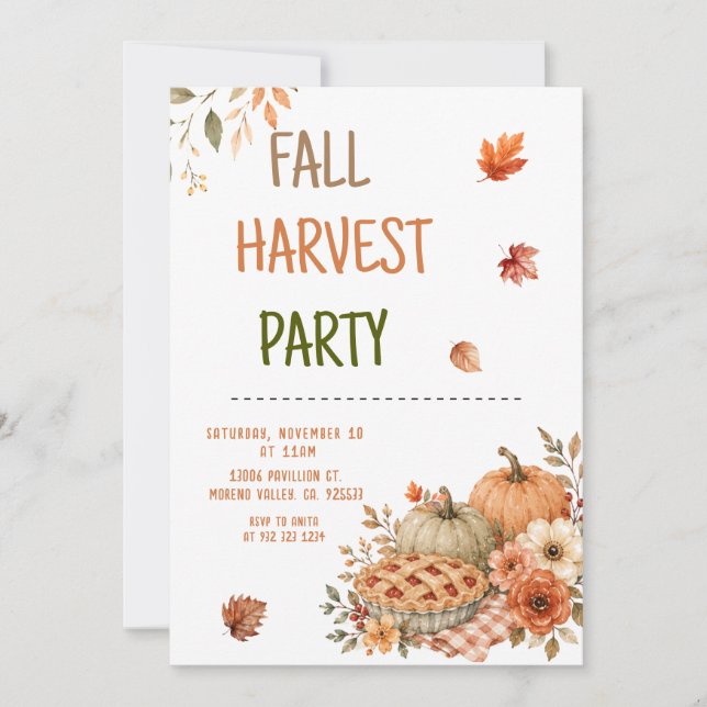 Fall Harvest Party Pumpkin Pie  Invitation (Front)