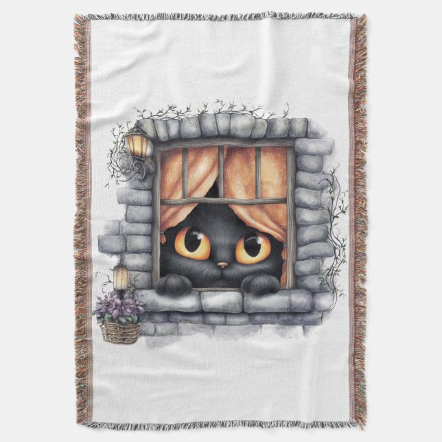 Fall Harvest Peeking Black Cat Throw Blanket (Front Vertical)