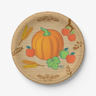 Fall Harvest Pumpkin Apple Wood Paper Plate