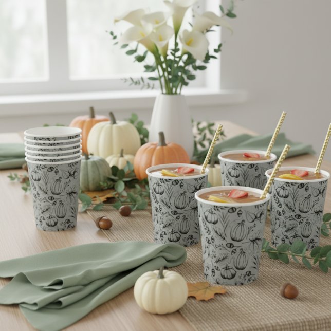 Fall Harvest Pumpkin Paper Cups (Elegant Fall Paper Cups for Thanksgiving Dinner Party. Autumn Harvest Pattern-Pumpkin, Leaves, Acorn)
