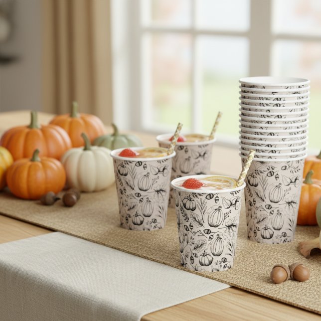 Fall Harvest Pumpkin Paper Cups (Thanksgiving Paper Cups. Black & Ivory Fall Harvest Pattern-Pumpkins, Autumn Leaves, Acorns, Berries)