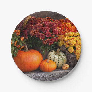 Fall Harvest Tablescape - Autumn Pumpkins Flowers Paper Plate