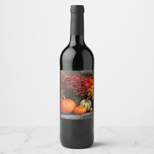 Fall Harvest Tablescape - Autumn Pumpkins Flowers Wine Label (Front)