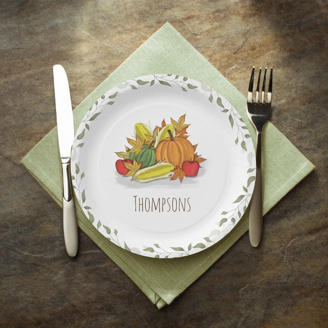 Fall Harvest Watercolor Elegant Personalized  Paper Plate (Fall Harvest Personalized Paper Plate.)
