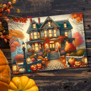 Fall Haunted House Pumpkin Halloween  Holiday Card
