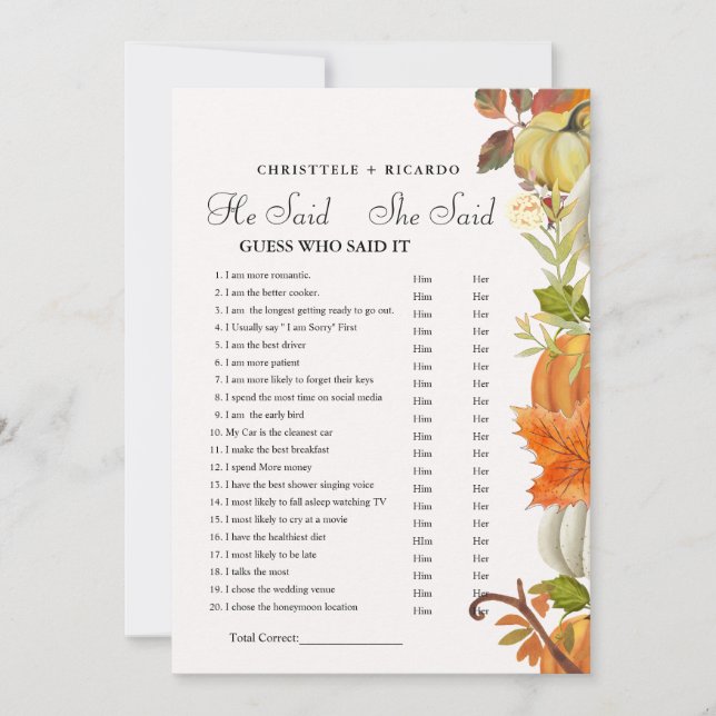 Fall   He said she said Bridal shower game card (Front)