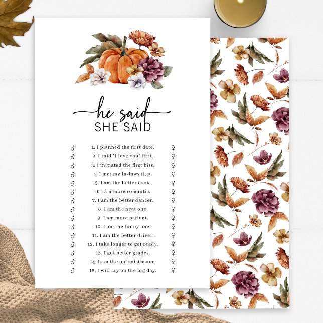Fall He Said She Said Game (Fall Bridal He Said She Said Game Fall In Love Bridal Shower Pumpkin Florals by Painted Paperie)
