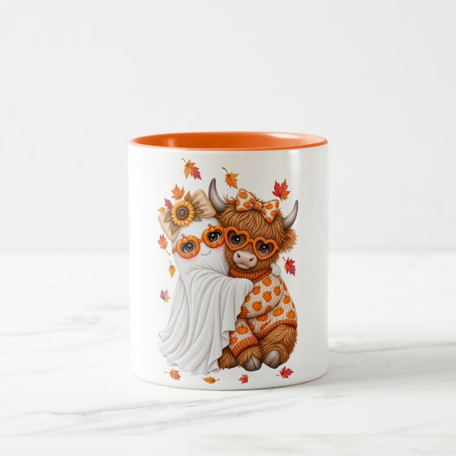 fall highland cow ghost  Autumn Fall Halloween  Two-Tone Coffee Mug (Center)