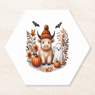 Fall Highland Cow Ghost , Autumn  Paper Coaster
