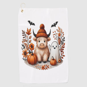 Fall Highland Cow Ghost Png, Autumn Png Golf Towel