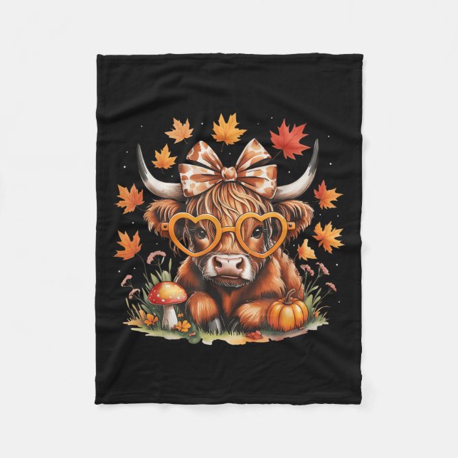 Fall Highland Cow Pumpkin Bow Thanksgiving Fall Gi Fleece Blanket (Front)