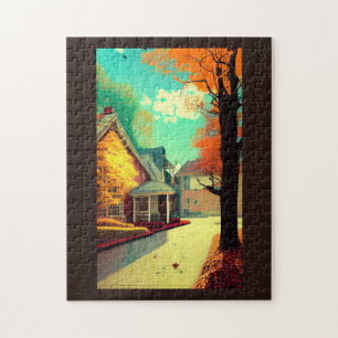 Fall home by the golden trees in October Jigsaw Puzzle