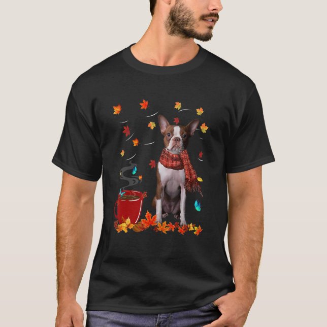 Fall Hot Chocolate Red Boston Terrier T-Shirt (Front)