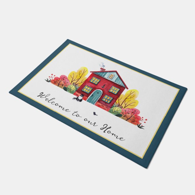 Fall house and cat  doormat (Angled)