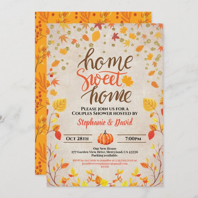 Fall housewarming party autumn pumpkin vintage invitation (Front/Back)