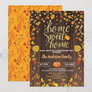 Fall housewarming party rustic wood pumpkin gold invitation